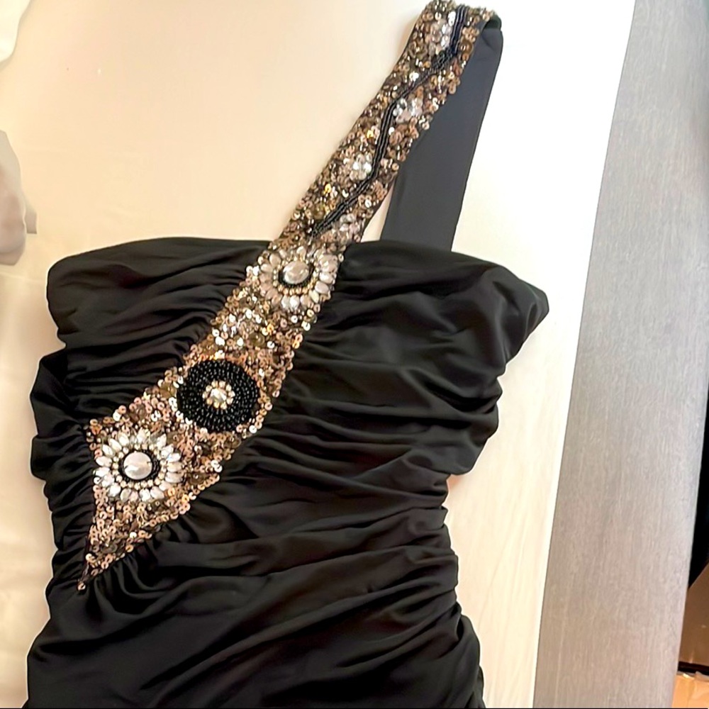 One shoulder black ruffle embellished mini dress